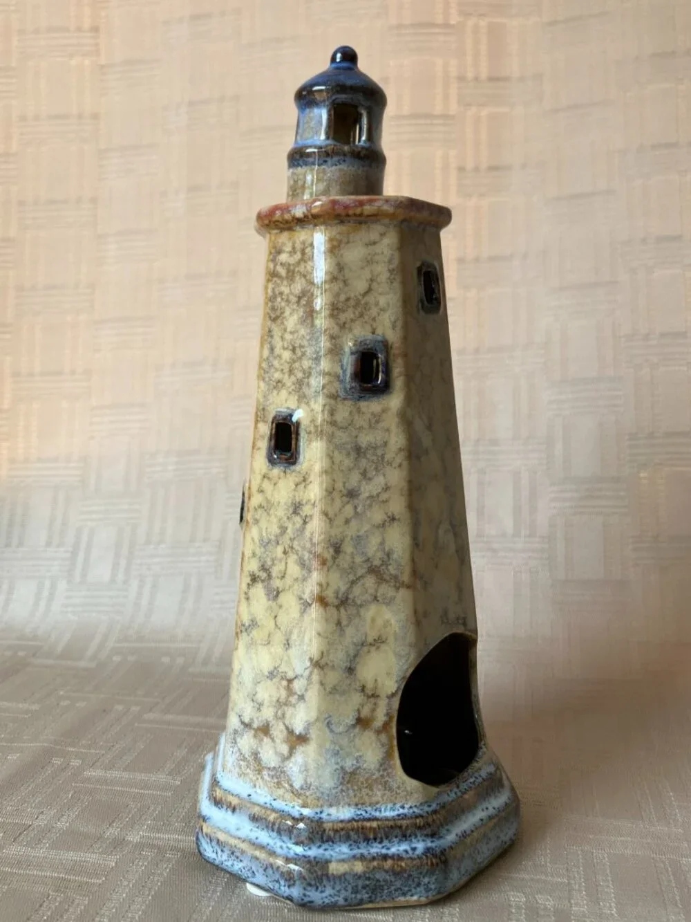Ceramic Lighthouse Tealight Candle Holder 8 in Tall in Speckled Tan & Blue Hues